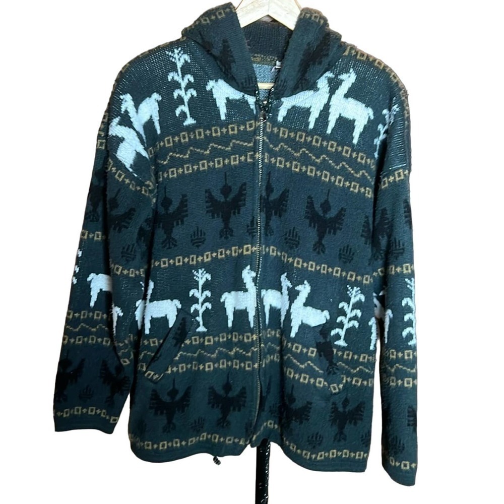 Sumac Design Llama Bird Stalk Hooded Jacket Gray White Black Size XL